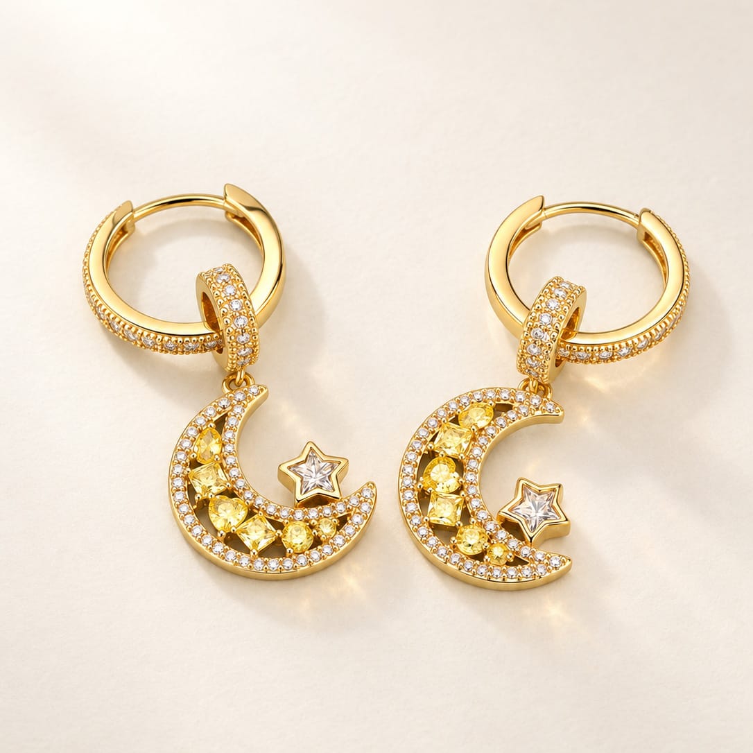 Sterling Silver Crescent Moon Charms Earrings Set In 14K Gold Plated
