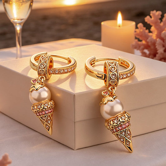 gona- Sterling Silver Pearl Ice Cream Charms Earrings Set In 14K Gold Plated