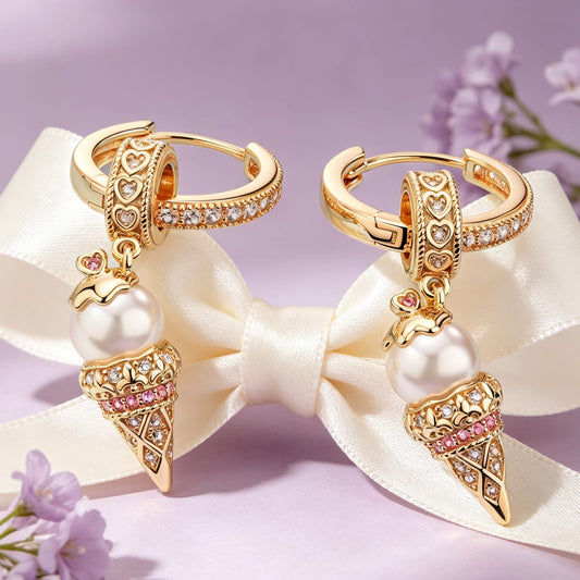 gona- Sterling Silver Pearl Ice Cream Charms Earrings Set In 14K Gold Plated