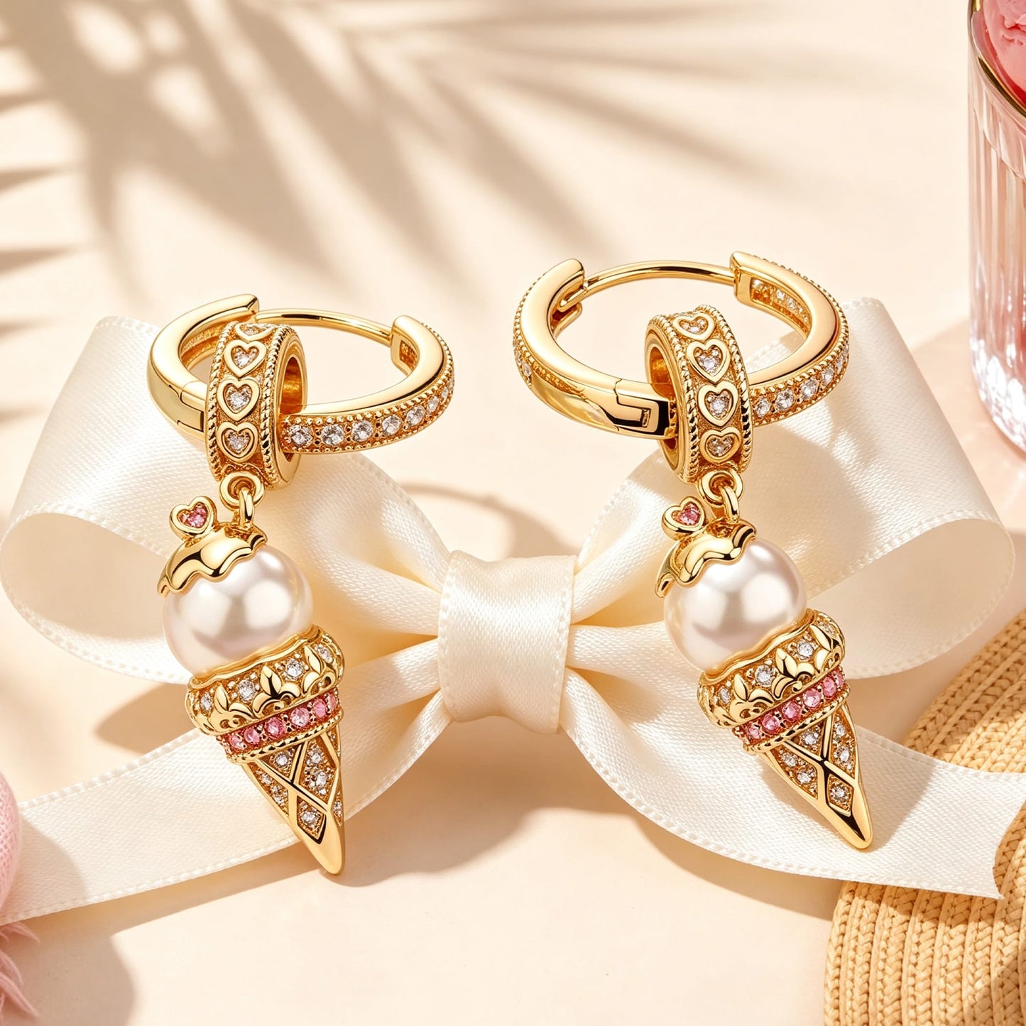 Sterling Silver Pearl Ice Cream Charms Earrings Set In 14K Gold Plated