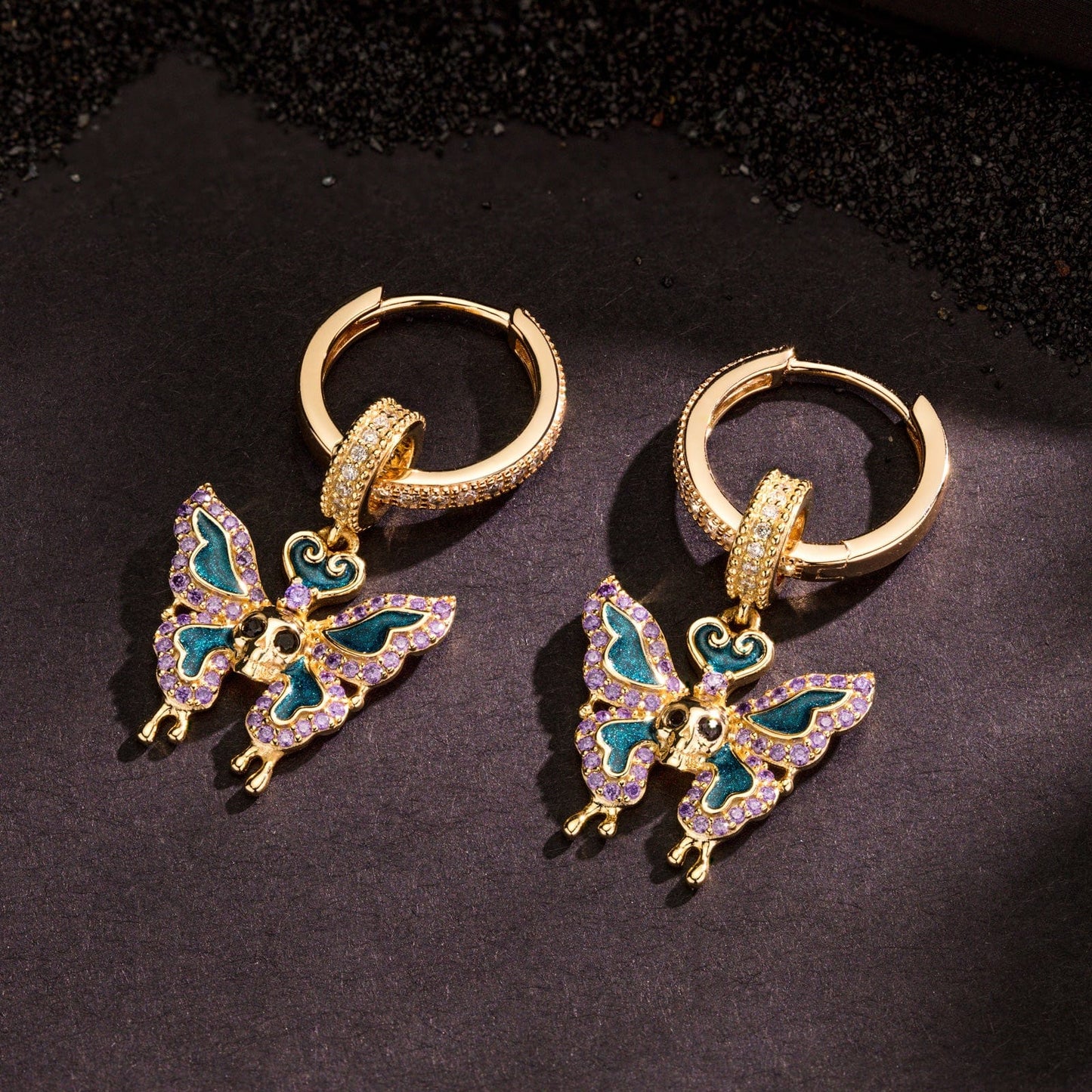 Sterling Silver Macabre Monarch Charms Earrings Set With Enamel In 14K Gold Plated