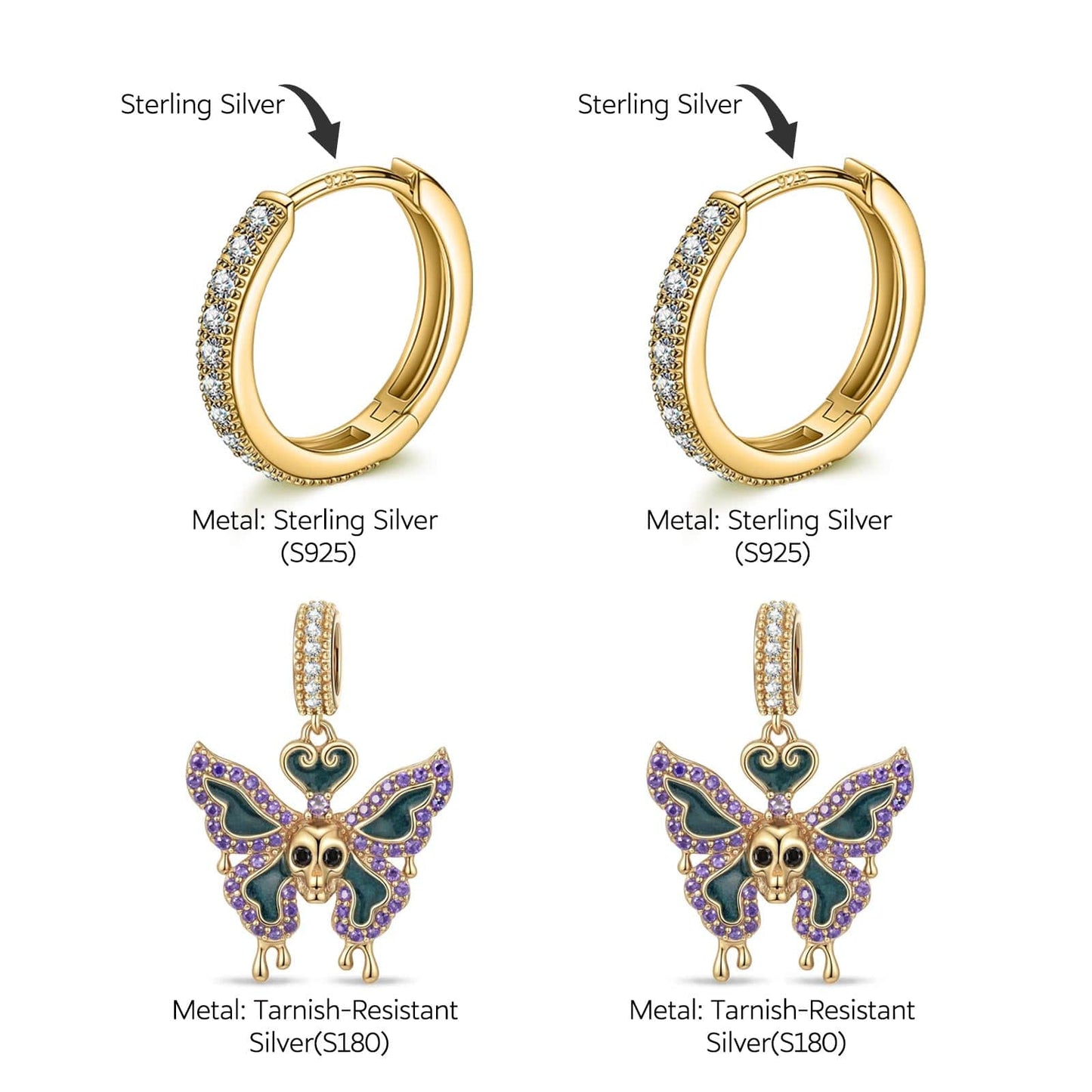 Sterling Silver Macabre Monarch Charms Earrings Set With Enamel In 14K Gold Plated