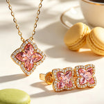 Sterling Silver Light Champagne 14K Gold Plated Padparadscha Four-Leaf Clover Cut Zircon Necklace and Earrings Set