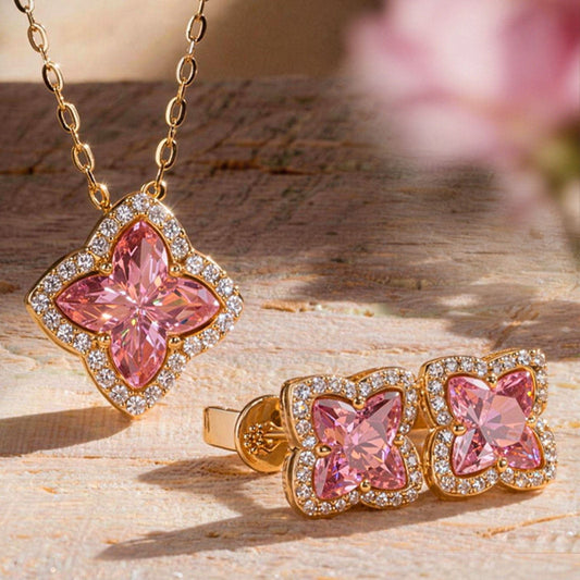 gona- Sterling Silver Light Champagne 14K Gold Plated Padparadscha Four-Leaf Clover Cut Zircon Necklace and Earrings Set