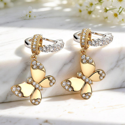 gona- Sterling Silver Radiant Butterfly Drop Hoop Earrings  Two-Tone Design · White Gold Hoops & Golden Butterfly Charms (Includes All Earrings Shown)