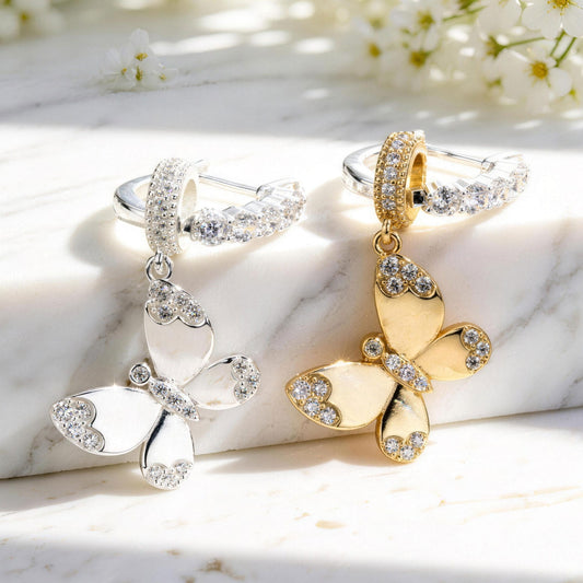 gona- Sterling Silver Radiant Butterfly Drop Hoop Earrings  Two-Tone Design · White Gold Hoops & Golden Butterfly Charms (Includes All Earrings Shown)