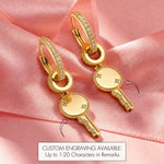 Personalized Engravable Detachable Milgrain Key Tarnish-Resistant Silver Charms Earrings Set In 14K Gold Plated
