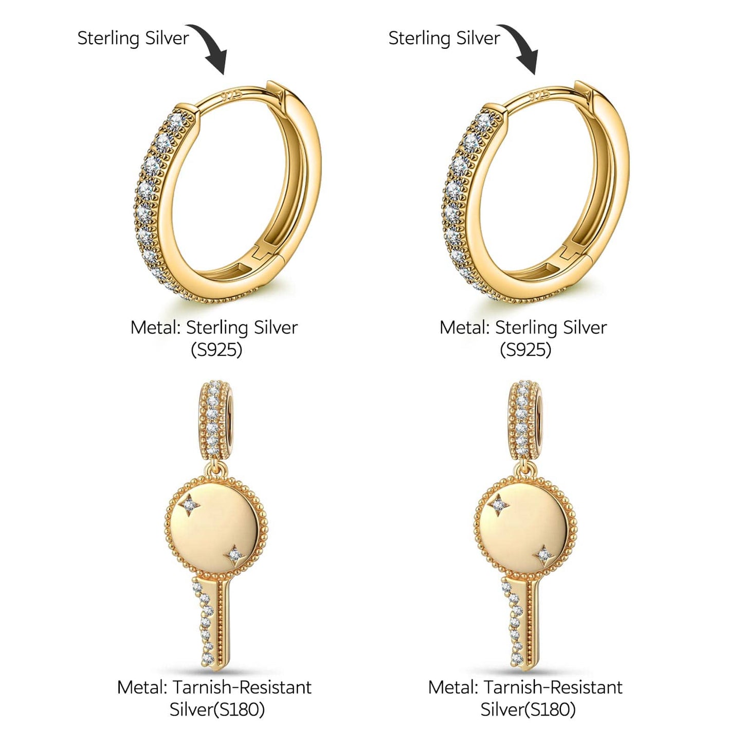 Personalized Engravable Detachable Milgrain Key Tarnish-Resistant Silver Charms Earrings Set In 14K Gold Plated