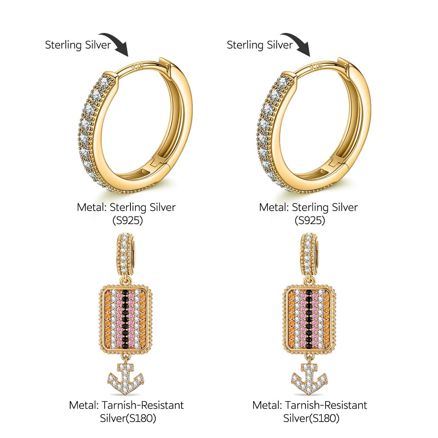 Sterling Silver Black Sand Riviera Charm Earrings Set in 14K Gold Plated