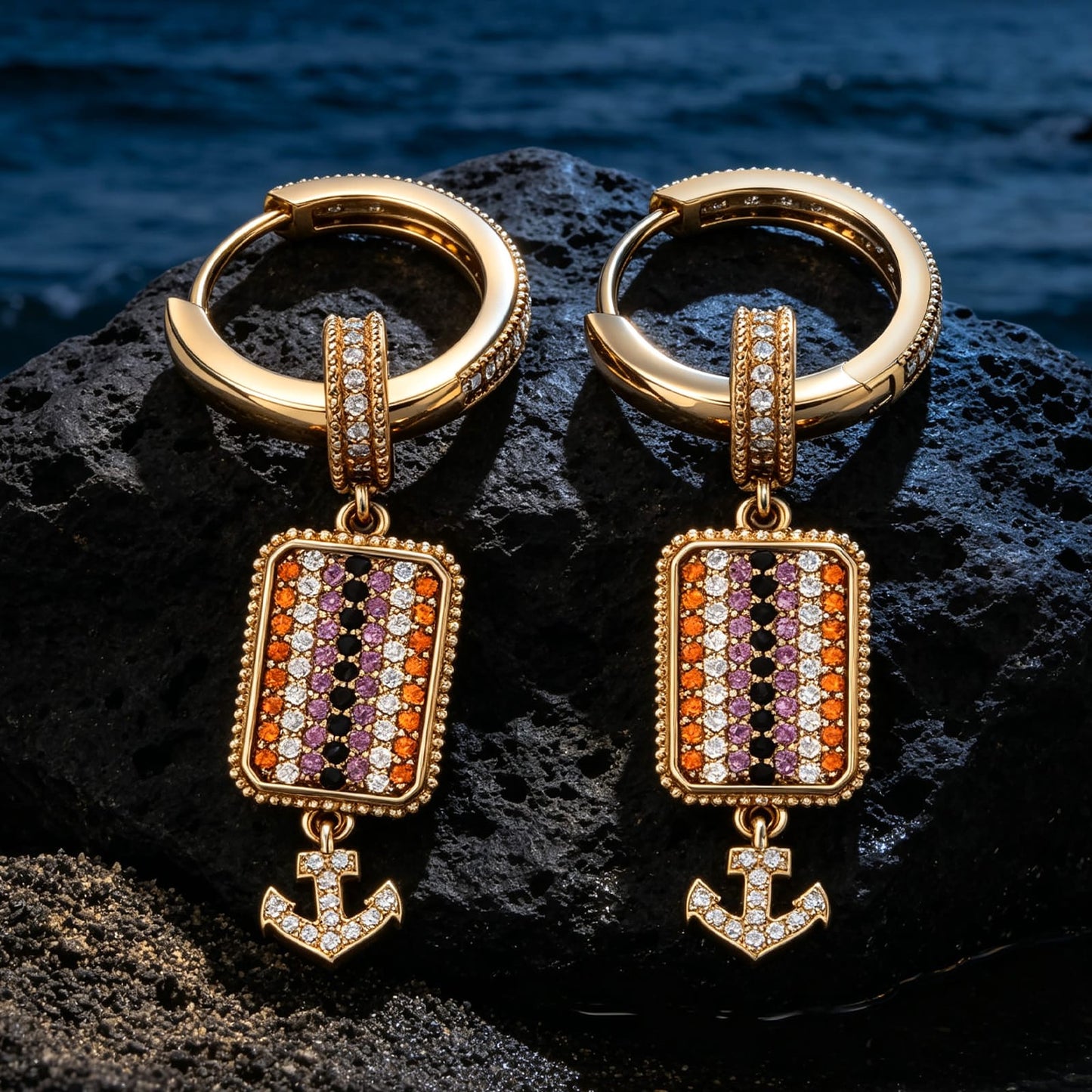 Sterling Silver Black Sand Riviera Charm Earrings Set in 14K Gold Plated