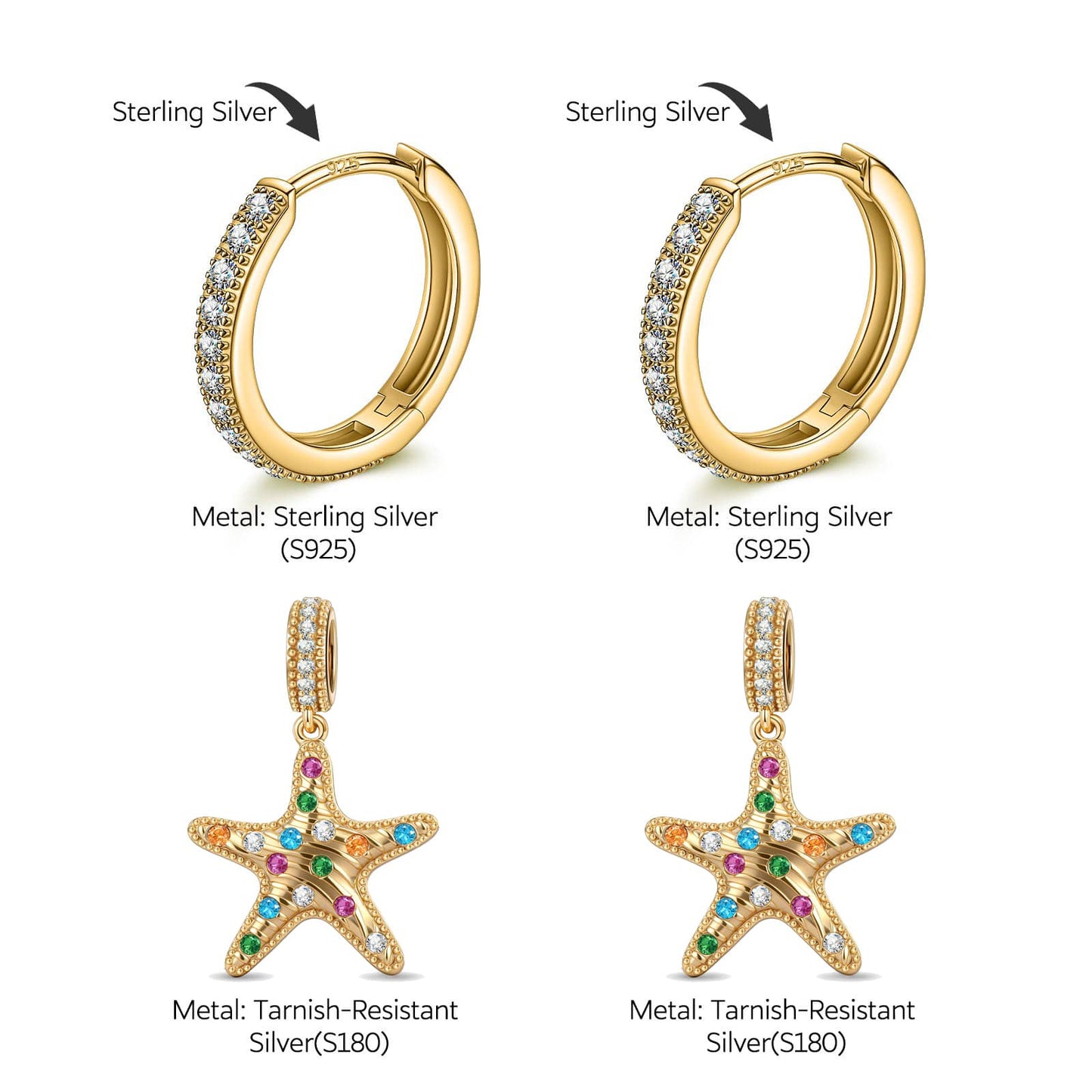 Sterling Silver Tropical Beach Rainbow Starfish Curated Hoop Earring Set in 14K Gold Plating