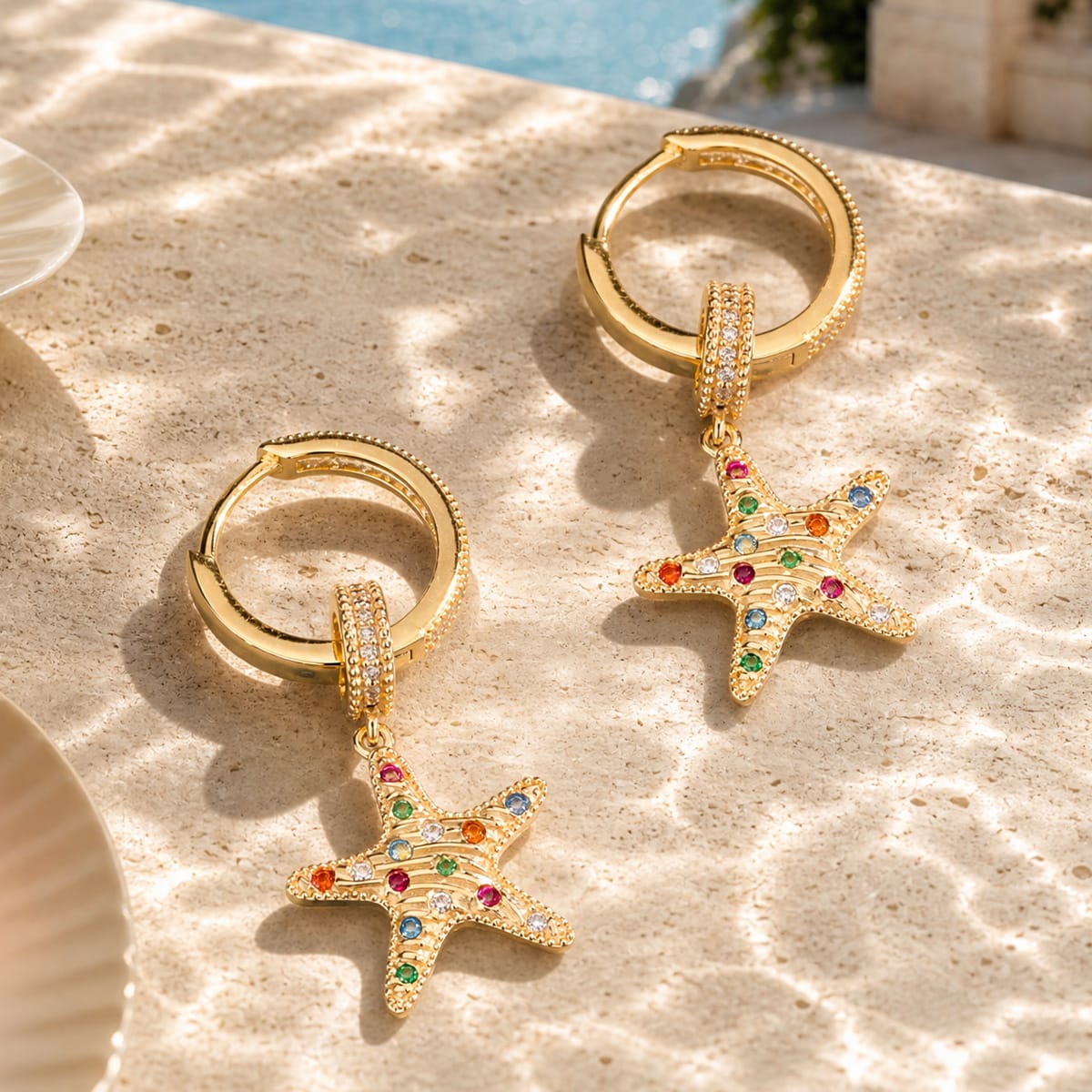 Sterling Silver Tropical Beach Rainbow Starfish Curated Hoop Earring Set in 14K Gold Plating