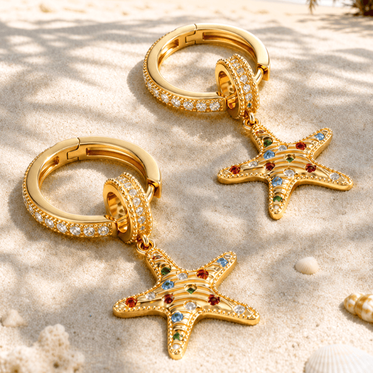 gona- Sterling Silver Tropical Beach Rainbow Starfish Curated Hoop Earring Set in 14K Gold Plating