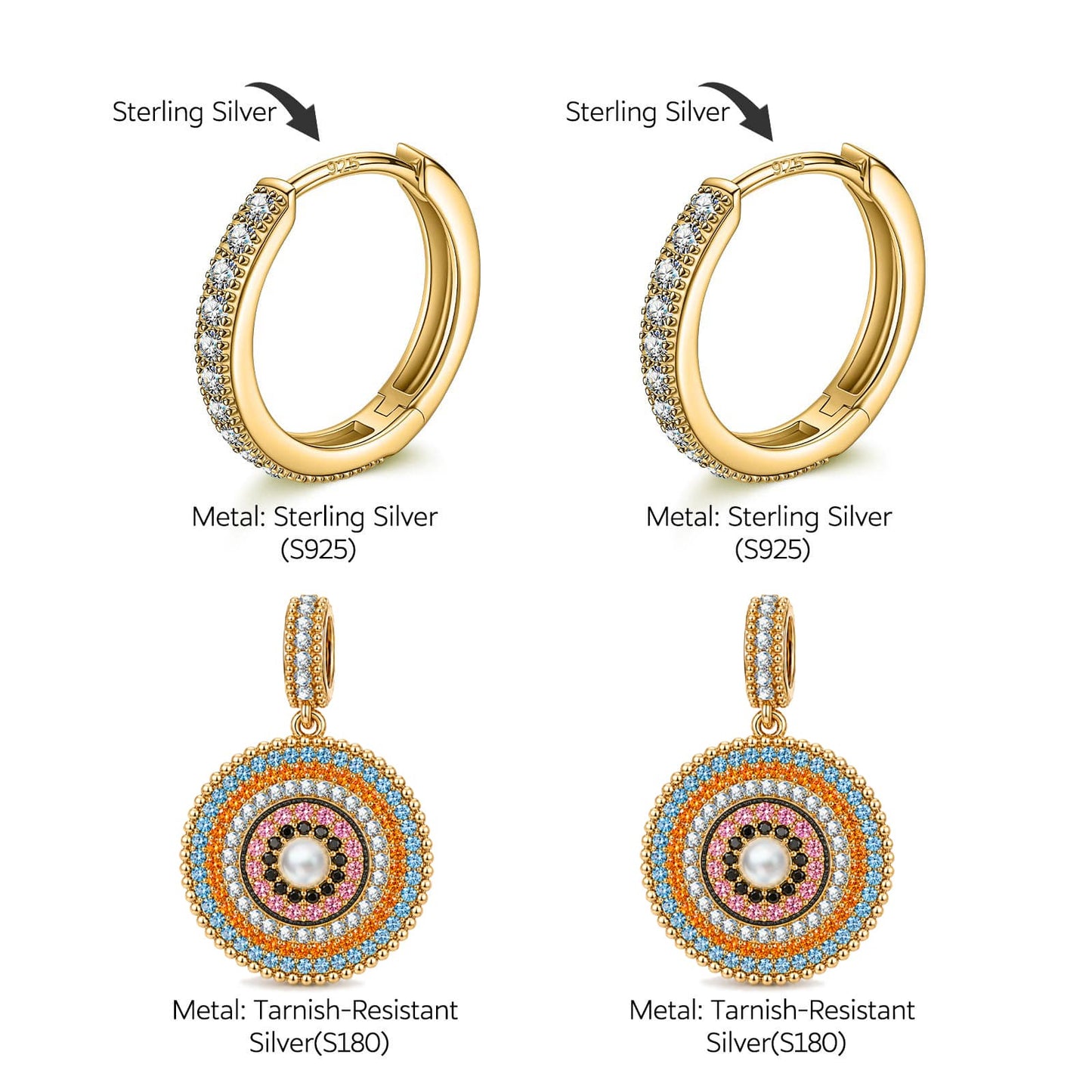 Sterling Silver Mediterranean Evil Eye Multicolor Pavé Gemstone Curated Hoop Earring Set in 14K Gold Plating