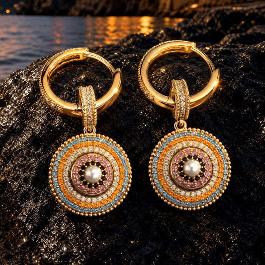 gona- Sterling Silver Mediterranean Evil Eye Multicolor Pavé Gemstone Curated Hoop Earring Set in 14K Gold Plating