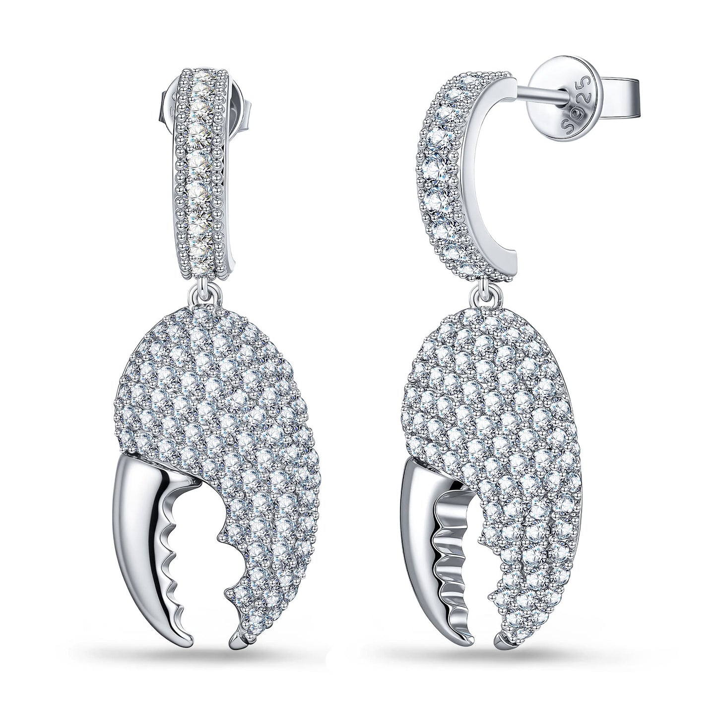Sterling Silver Crescent Crab Claw Pavé Drop Earrings In White Gold Plating
