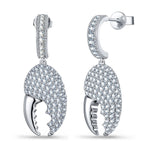Sterling Silver Crescent Crab Claw Pavé Drop Earrings In White Gold Plating