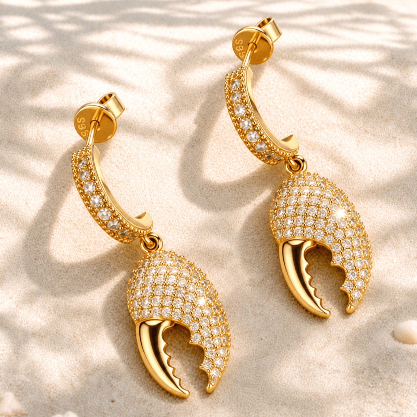 Sterling Silver Pavé-Set Crab Claw Drop Huggie Hoop Earrings