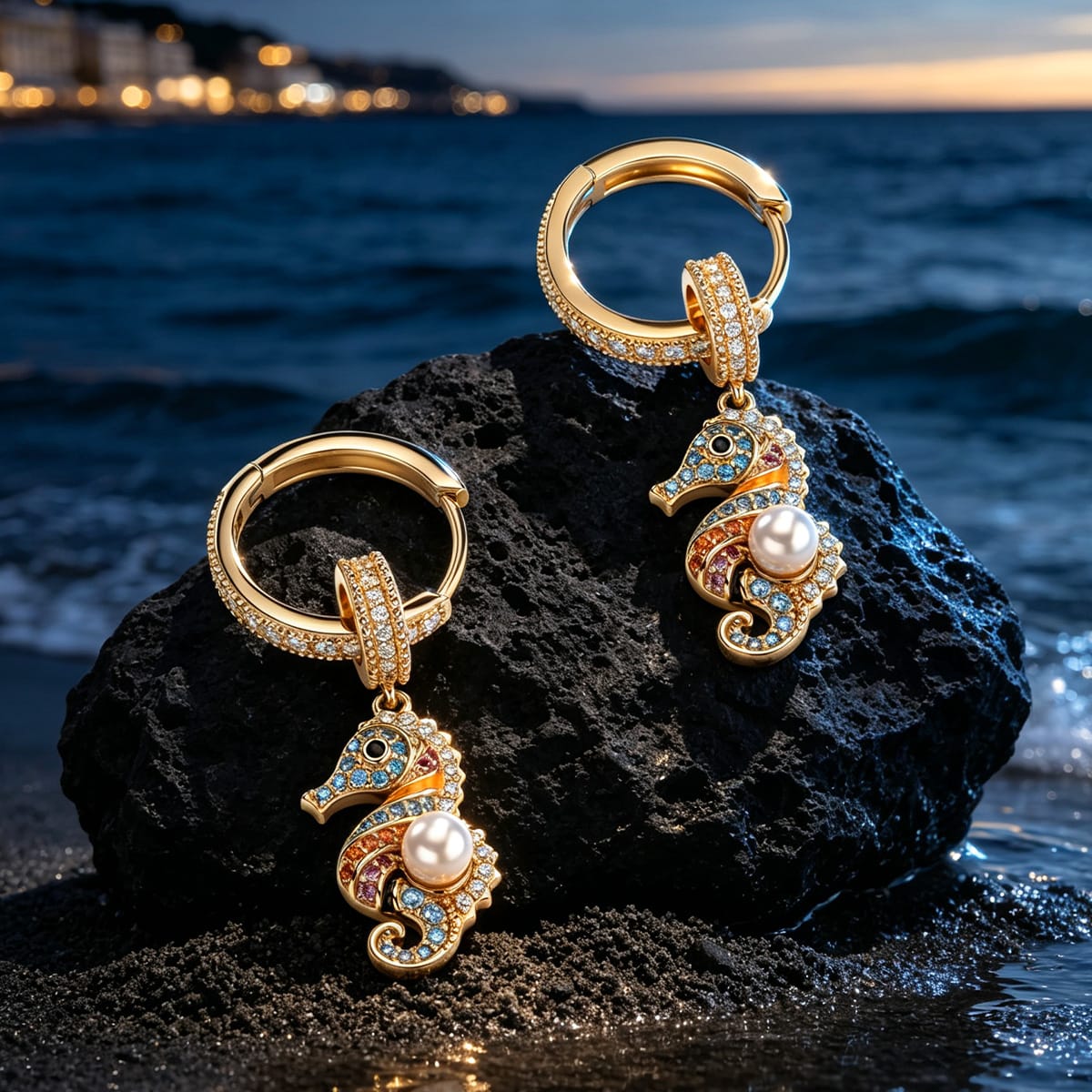 Sterling Silver Black Sand Riviera Multicolor Pavé Seahorse Pearl Drop Huggie Earrings in 14K Gold Plated