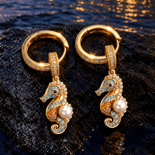gona- Sterling Silver Black Sand Riviera Multicolor Pavé Seahorse Pearl Drop Huggie Earrings in 14K Gold Plated