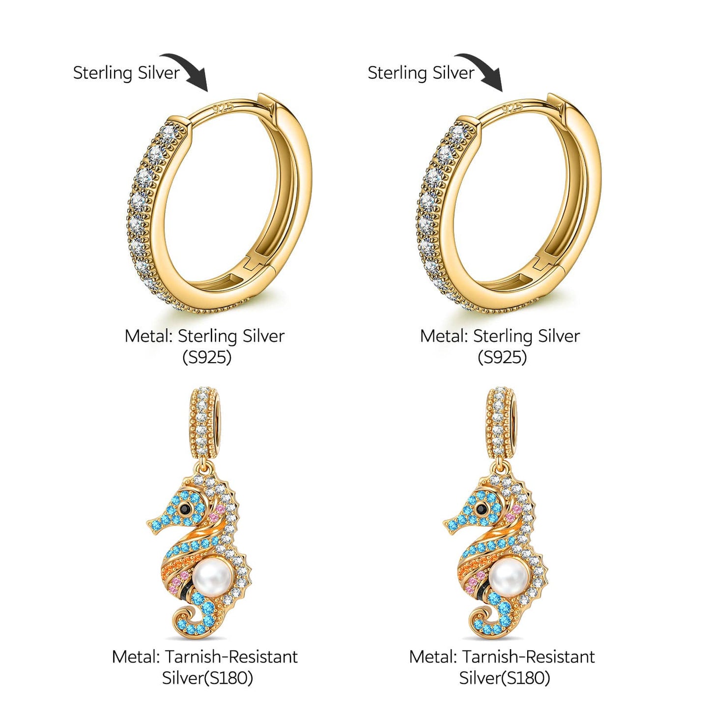 Sterling Silver Black Sand Riviera Multicolor Pavé Seahorse Pearl Drop Huggie Earrings in 14K Gold Plated