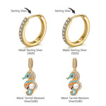 Sterling Silver Black Sand Riviera Multicolor Pavé Seahorse Pearl Drop Huggie Earrings in 14K Gold Plated