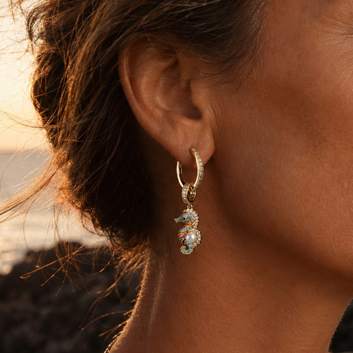 Sterling Silver Black Sand Riviera Multicolor Pavé Seahorse Pearl Drop Huggie Earrings in 14K Gold Plated