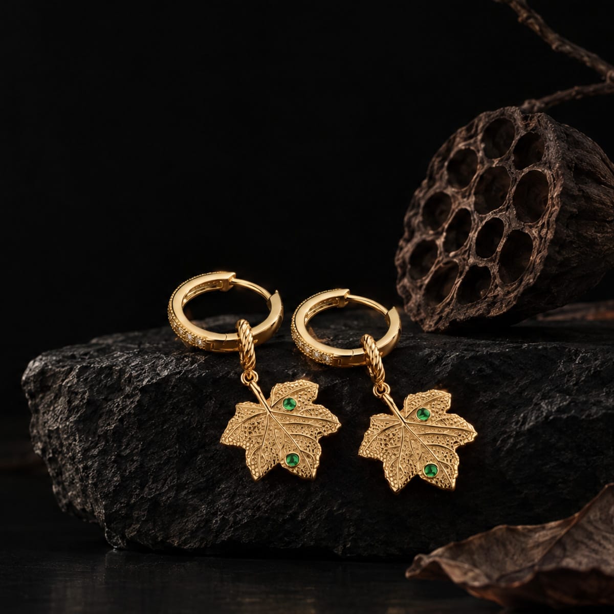Solid 925 Sterling Silver Hoop Earrings With Maple Leaf Charms And Emerald Green Accents With 14K Gold Plating