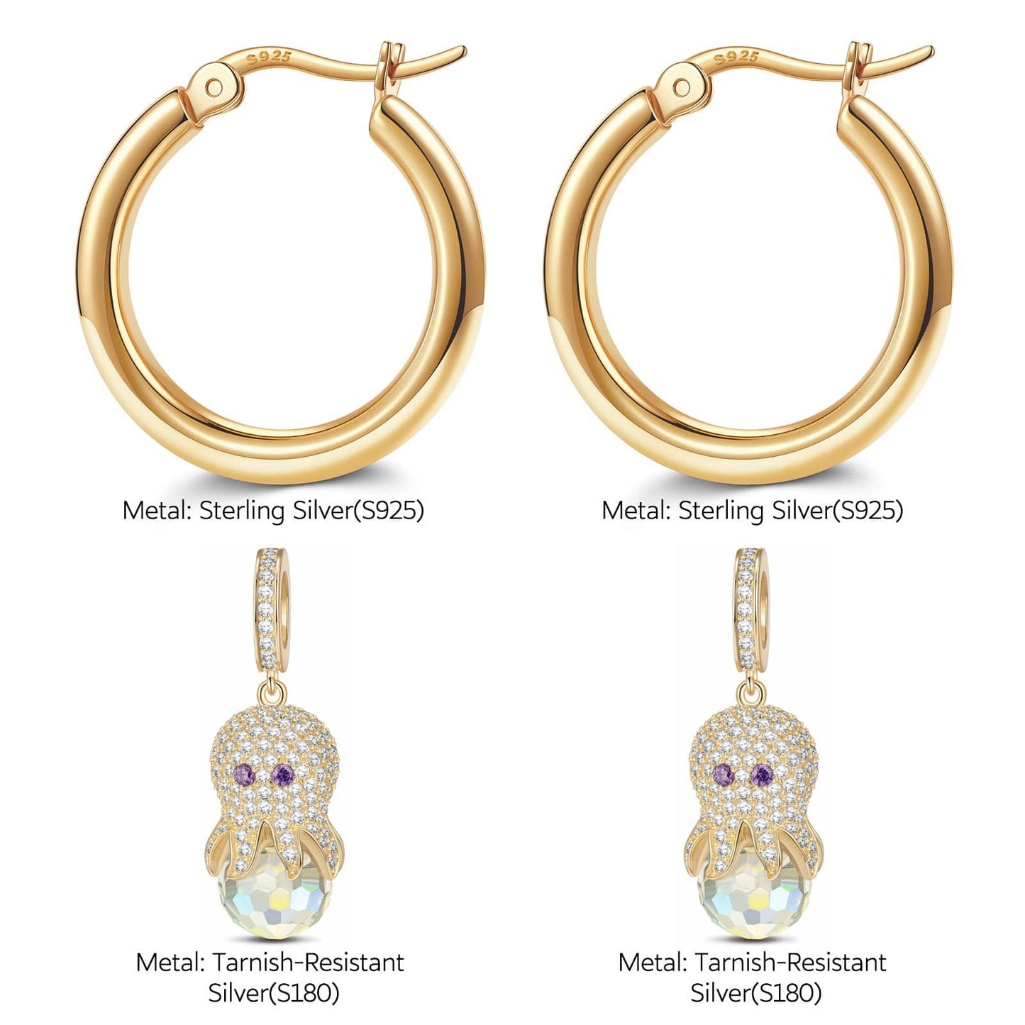 Sterling Silver Cute Octopus Charms Earrings Set In 14K Gold Plated