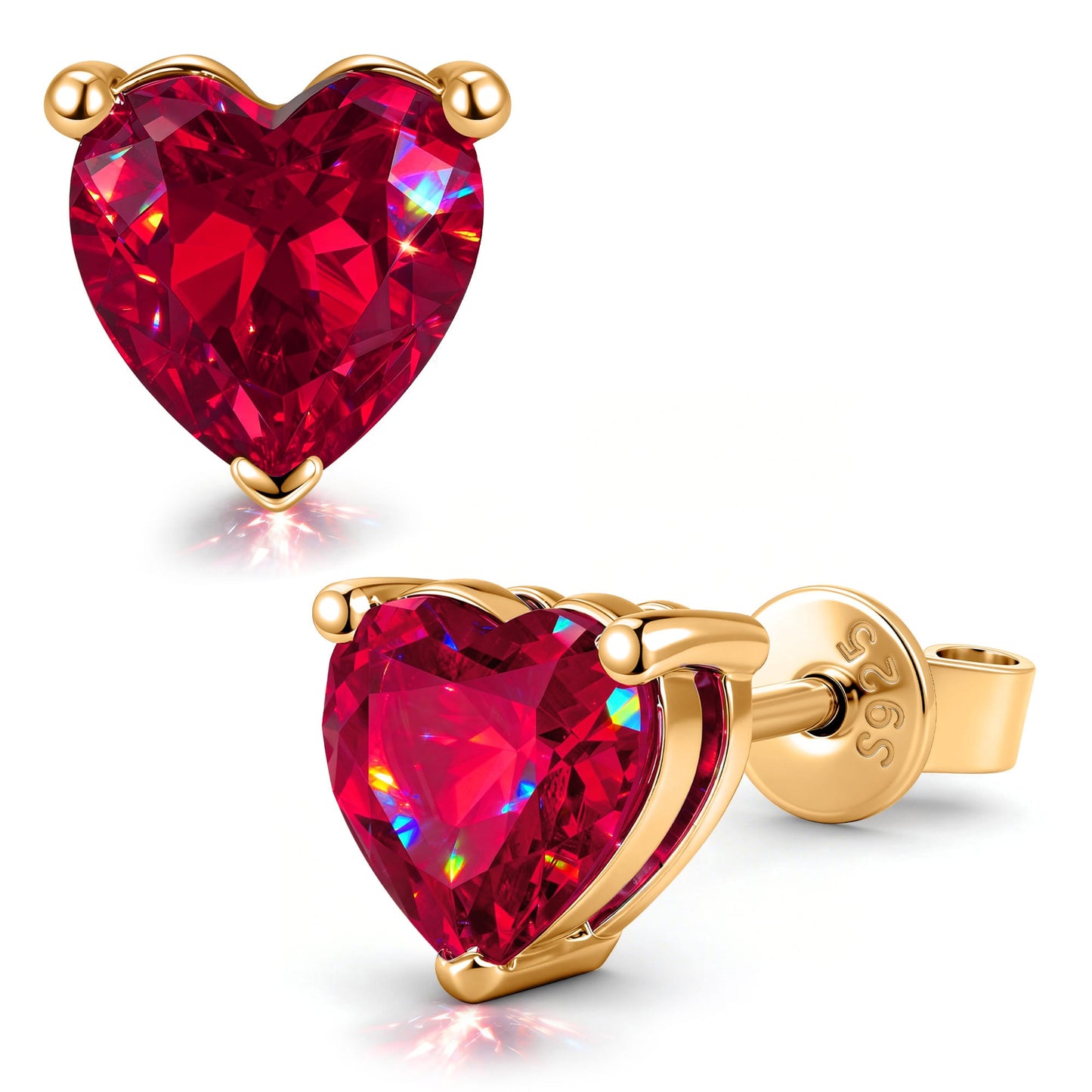 Sterling Silver 3.2 CT.TW Lab-Created Heart Ruby Stud Earrings In 14K Gold Plated (Includes GRC Certification From Gemstone Research Center)