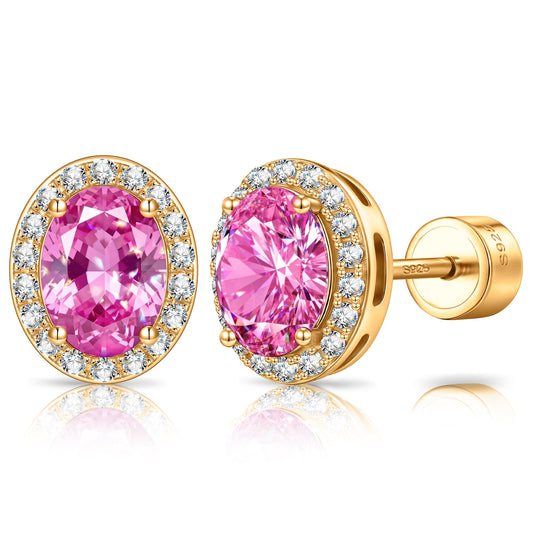 gona- Sterling Silver 2.4 CT.TW Lab-Created Fancy Pink Sapphire Oval Stud Earrings With 14K Gold Plating (Includes GRC Certification From Gemstone Research Center)
