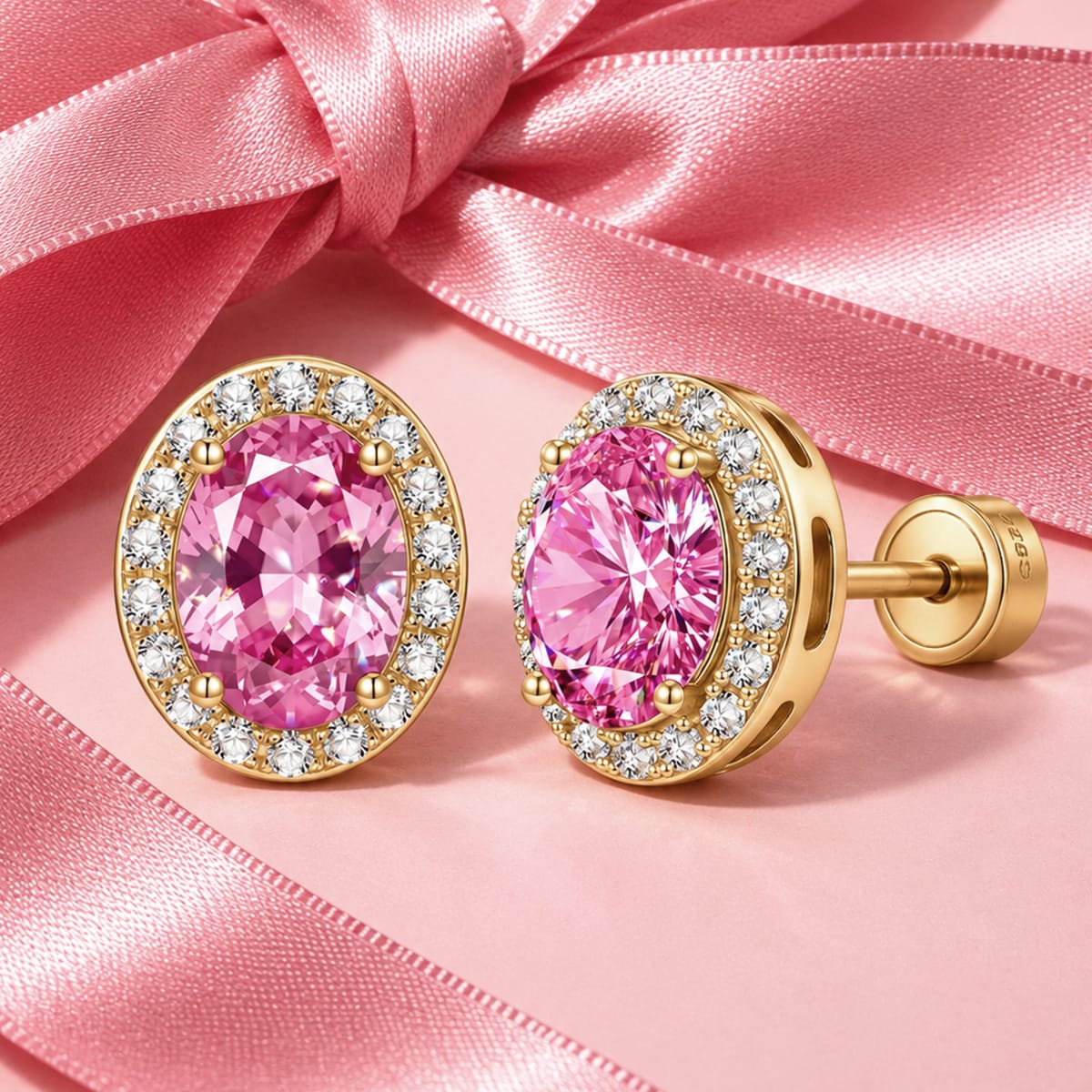 Sterling Silver 2.4 CT.TW Lab-Created Fancy Pink Sapphire Oval Stud Earrings With 14K Gold Plating (Includes GRC Certification From Gemstone Research Center)