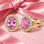 Sterling Silver 2.4 CT.TW Lab-Created Fancy Pink Sapphire Oval Stud Earrings With 14K Gold Plating (Includes GRC Certification From Gemstone Research Center)