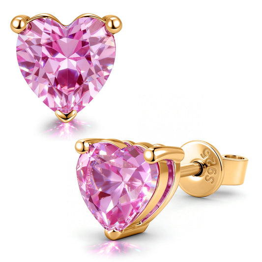 gona- Sterling Silver 3.2 CT.TW Lab-Created Heart Pink Sapphire Stud Earrings In 14K Gold Plated (Includes GRC Certification From Gemstone Research Center)