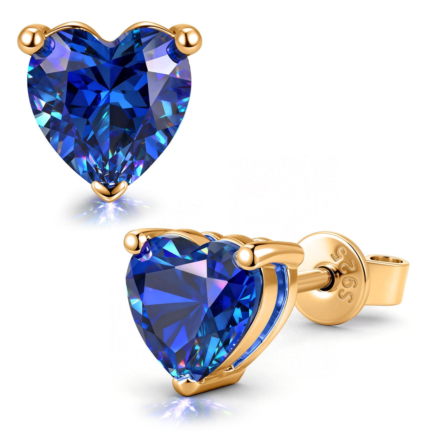 Sterling Silver 3.2 CT.TW Lab-Created Heart Blue Sapphire Stud Earrings In 14K Gold Plated (Includes GRC Certification From Gemstone Research Center)