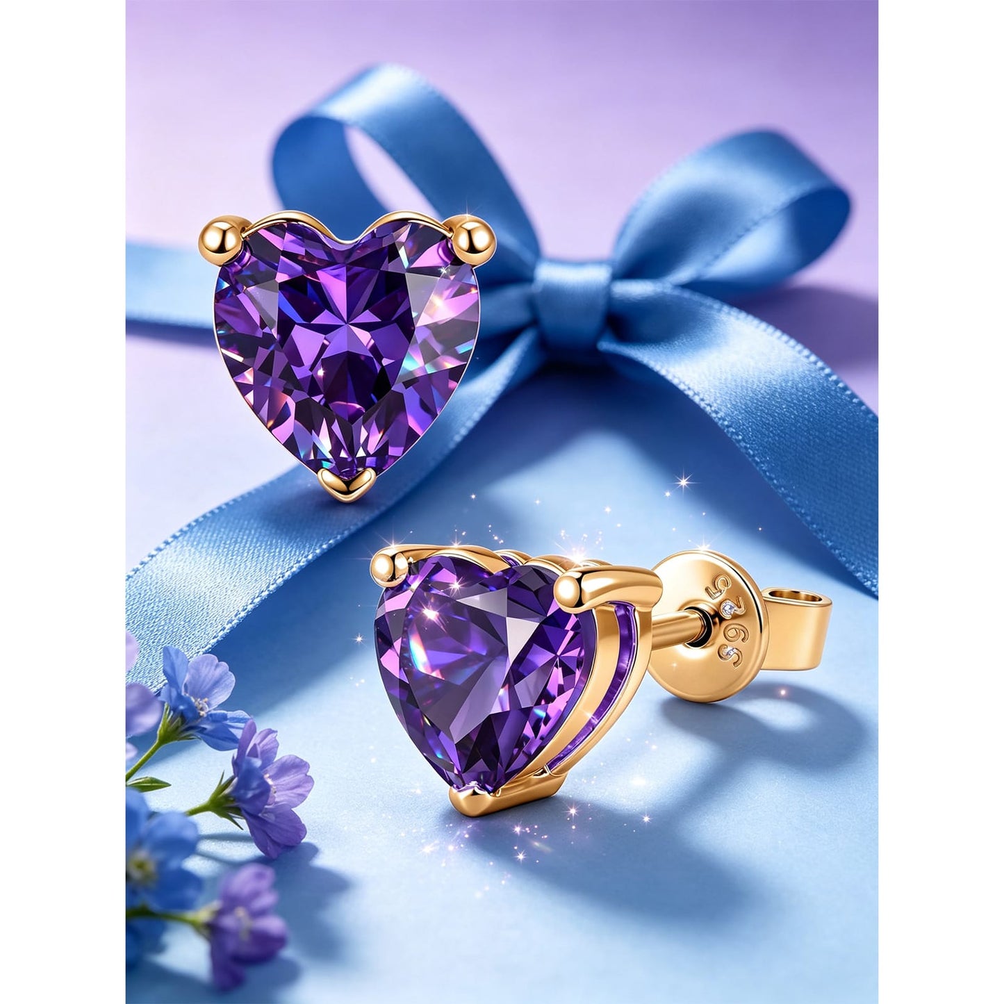 Sterling Silver 3.2 CT.TW Lab-Created Heart Purple Sapphire Stud Earrings In 14K Gold Plated (Includes GRC Certification From Gemstone Research Center)
