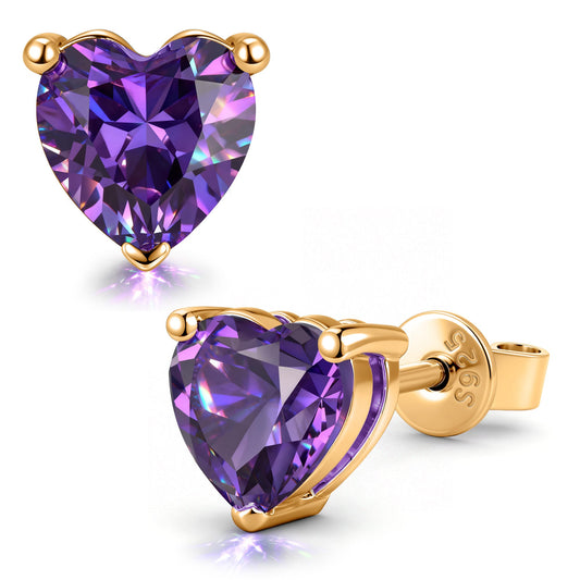 gona- Sterling Silver 3.2 CT.TW Lab-Created Heart Purple Sapphire Stud Earrings In 14K Gold Plated (Includes GRC Certification From Gemstone Research Center)