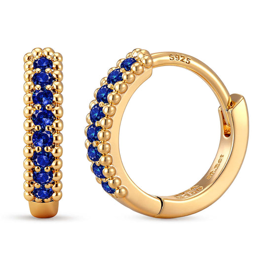 gona- 0.4 CT.TW Lab-Created Blue Sapphire Round Huggie Hoop Earrings in Tarnish-Resistant Silver, Sterling Silver Ear Post in 14K Gold Plated (Includes GRC Certification From Gemstone Research Center)