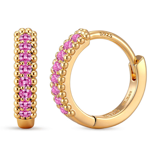 gona- 0.4 CT.TW Lab-Created Fancy Pink Sapphire Round Huggie Hoop Earrings in Tarnish-Resistant Silver, Sterling Silver Ear Post in 14K Gold Plated (Includes GRC Certification From Gemstone Research Center)