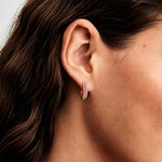 0.4 CT.TW Lab-Created Fancy Pink Sapphire Round Huggie Hoop Earrings in Tarnish-Resistant Silver, Sterling Silver Ear Post in 14K Gold Plated (Includes GRC Certification From Gemstone Research Center)