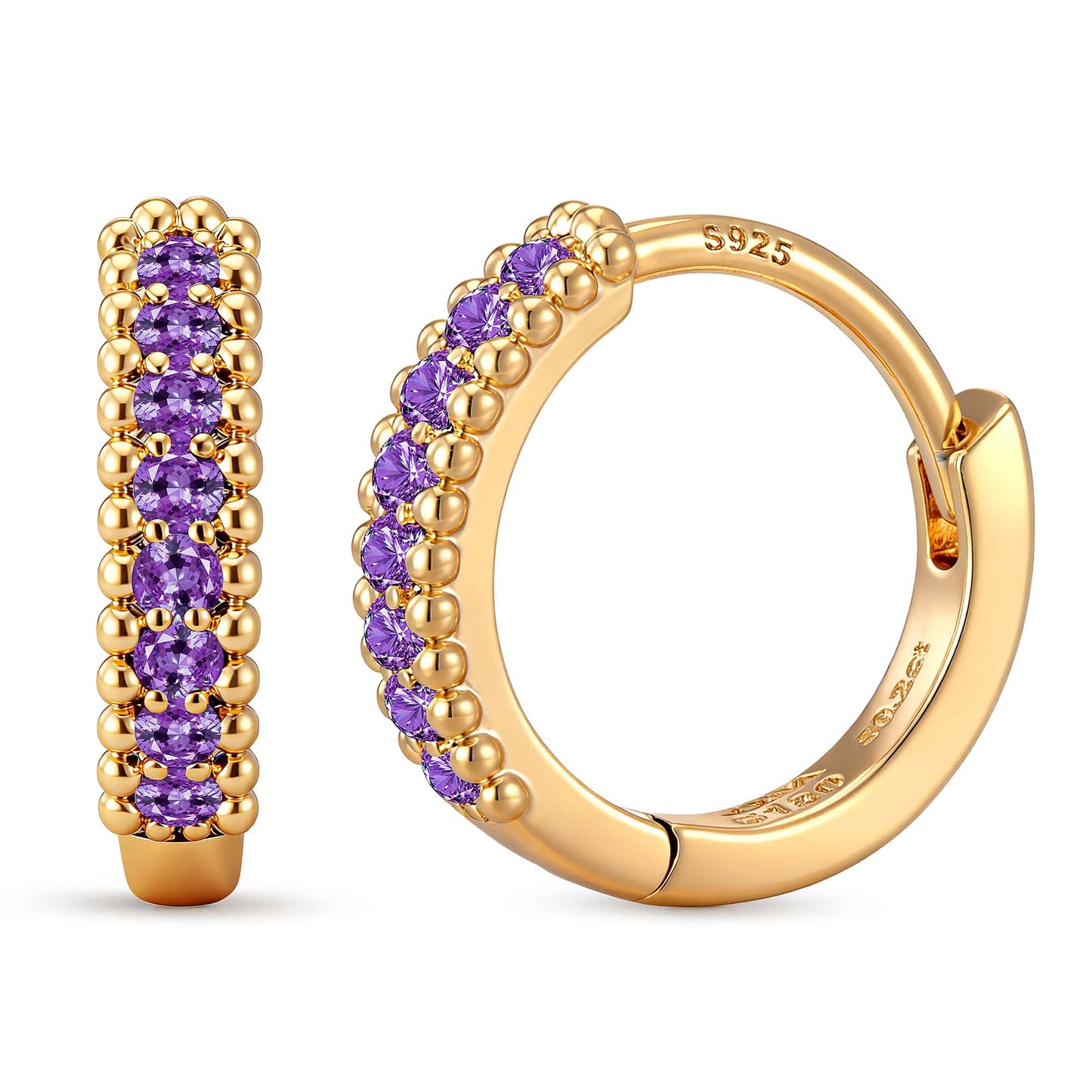 0.4 CT.TW Lab-Created Purple Sapphire Round Huggie Hoop Earrings in Tarnish-Resistant Silver, Sterling Silver Ear Post in 14K Gold Plated (Includes GRC Certification From Gemstone Research Center)