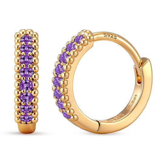 gona- 0.4 CT.TW Lab-Created Purple Sapphire Round Huggie Hoop Earrings in Tarnish-Resistant Silver, Sterling Silver Ear Post in 14K Gold Plated (Includes GRC Certification From Gemstone Research Center)