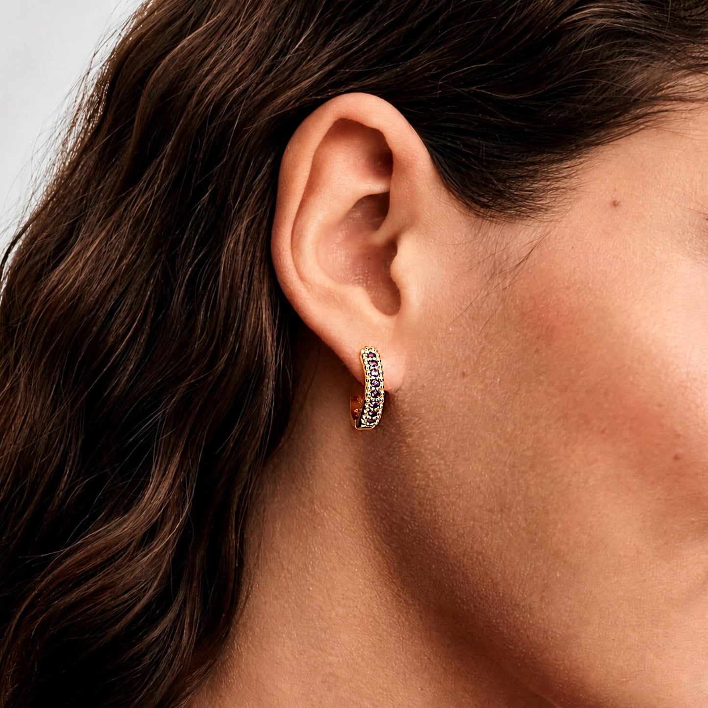 0.4 CT.TW Lab-Created Purple Sapphire Round Huggie Hoop Earrings in Tarnish-Resistant Silver, Sterling Silver Ear Post in 14K Gold Plated (Includes GRC Certification From Gemstone Research Center)