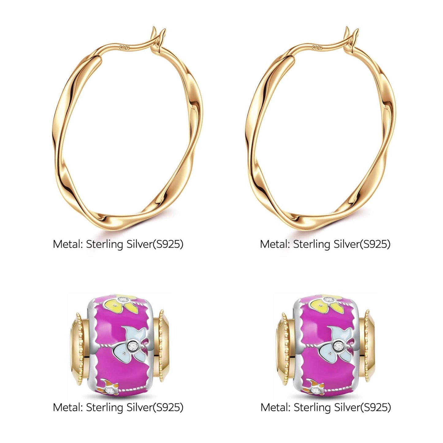 Sterling Silver Happy Transport Charms Earrings Set With Enamel In 14K Gold Plated