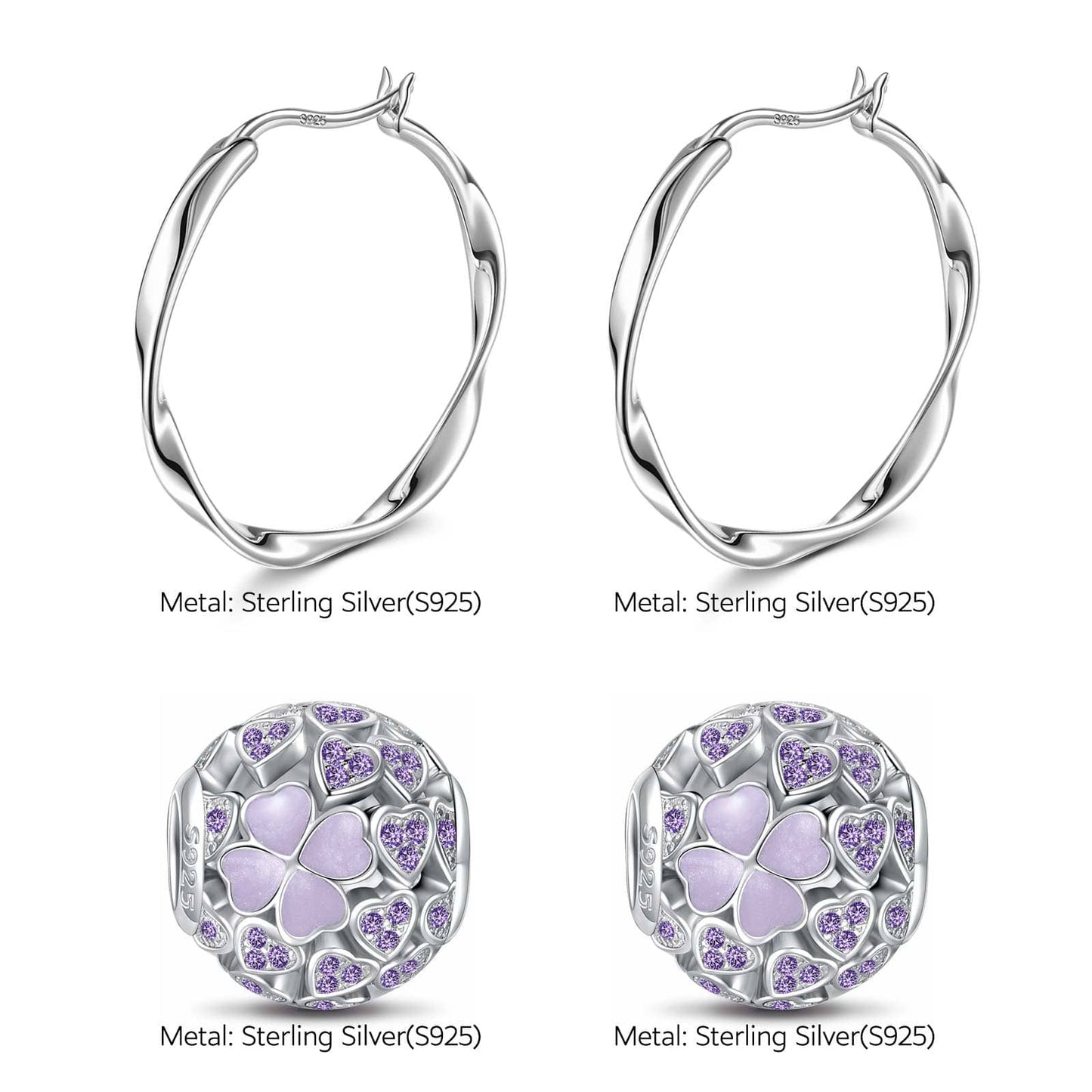 Sterling Silver Purple Four Leaf Clover Charms Earrings Set With Enamel In White Gold Plated