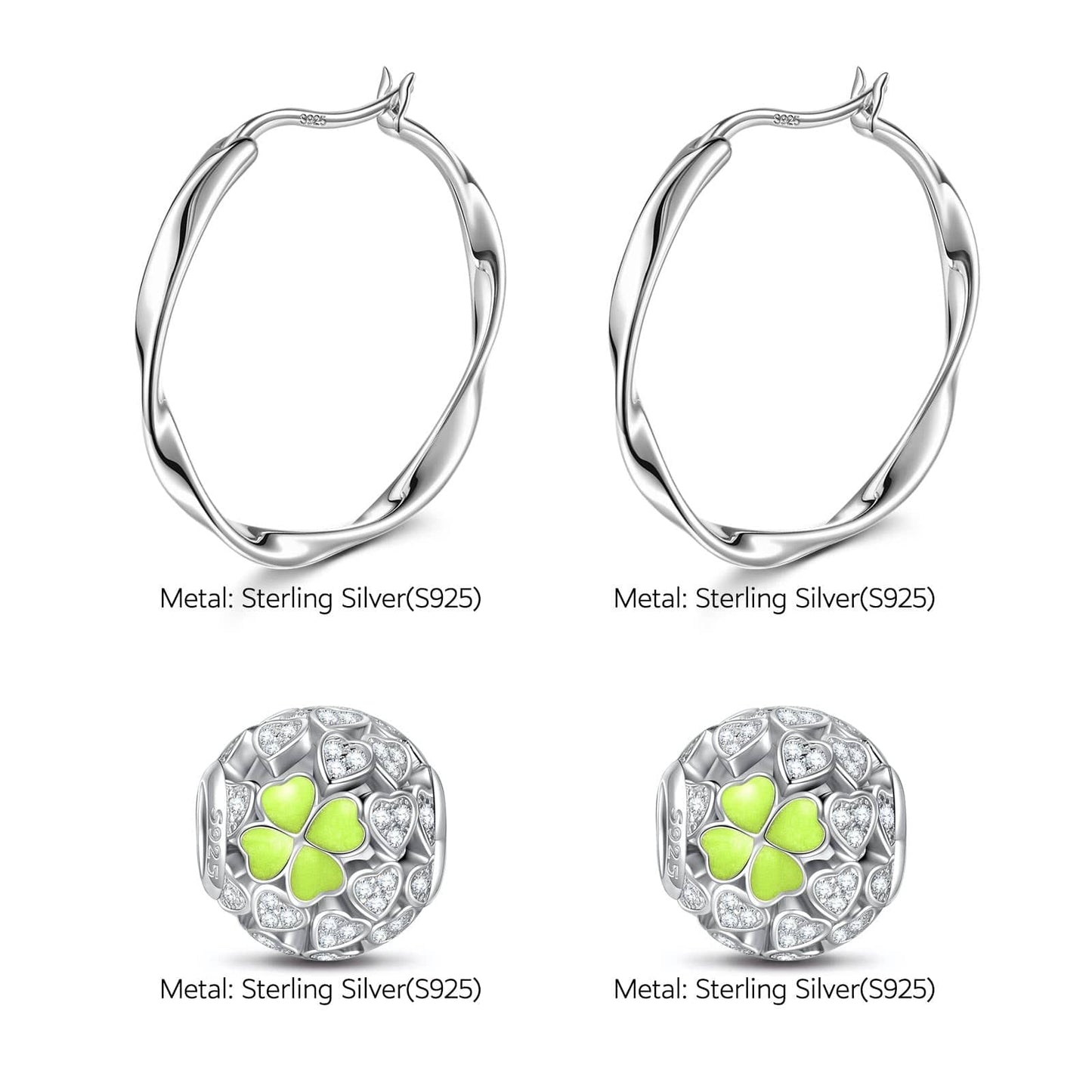 Sterling Silver Green Four Leaf Clover Charms Earrings Set With Enamel In White Gold Plated
