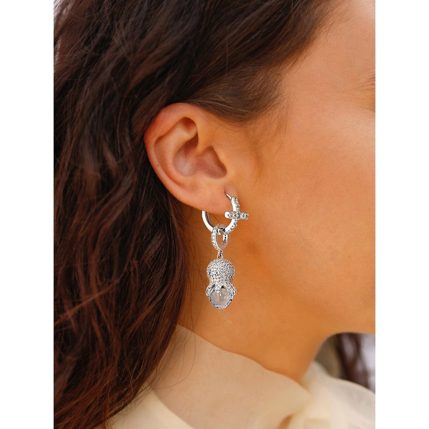 Sterling Silver Cute Octopus Charms Earrings Set In White Gold Plated
