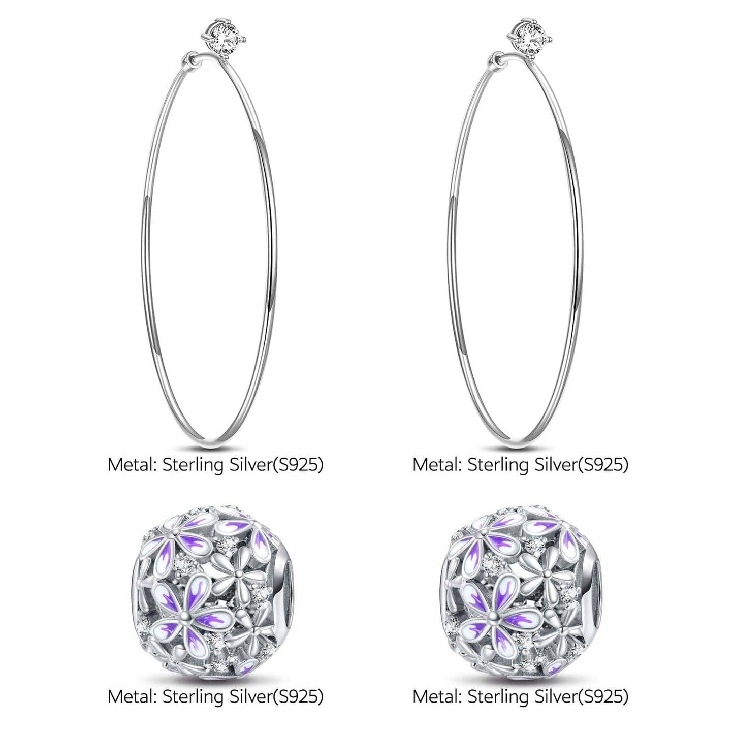 Sterling Silver Blooming Violet Charms Earrings Set With Enamel In White Gold Plated