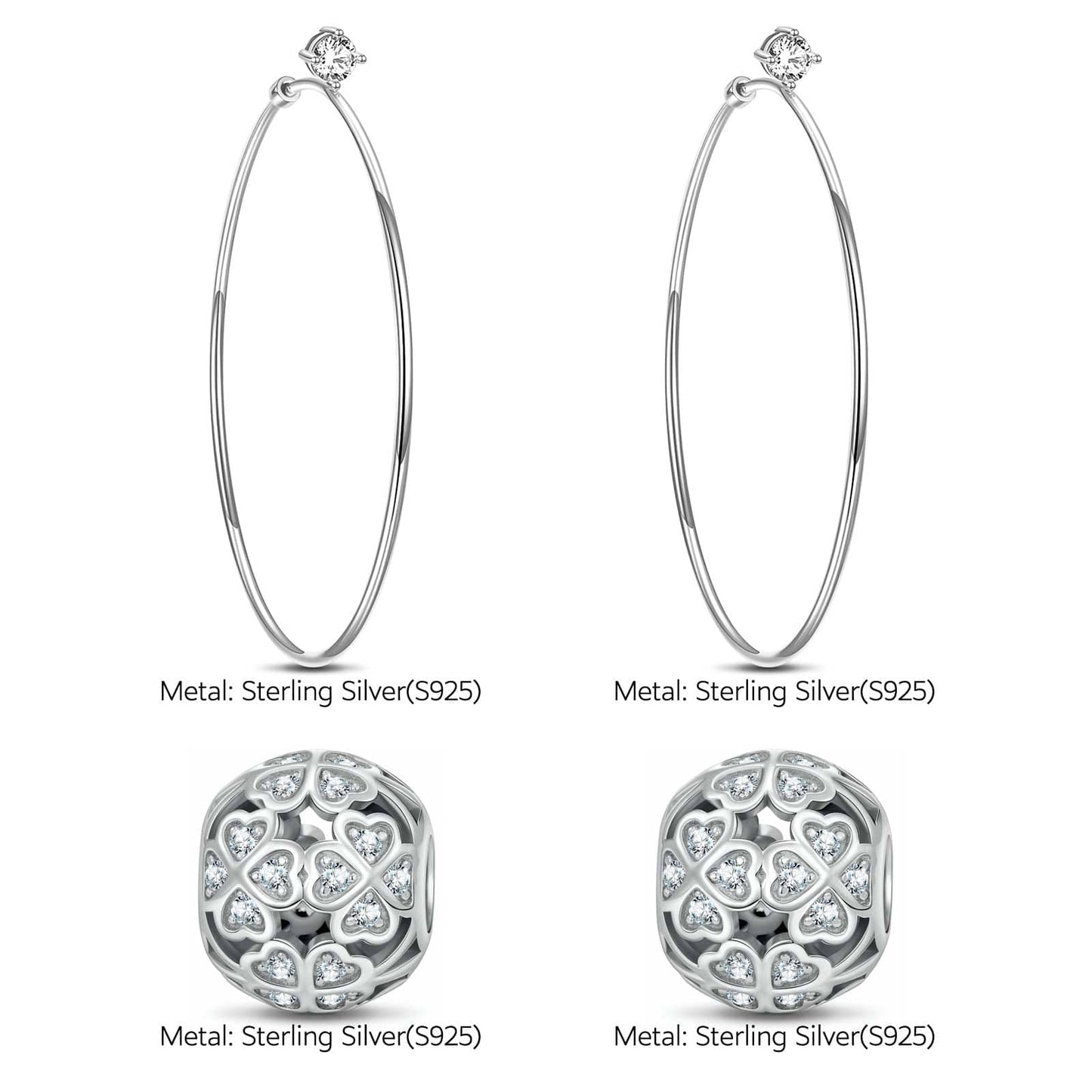 Sterling Silver Diamond White Four Leaf Clover Charms Earrings Set In White Gold Plated
