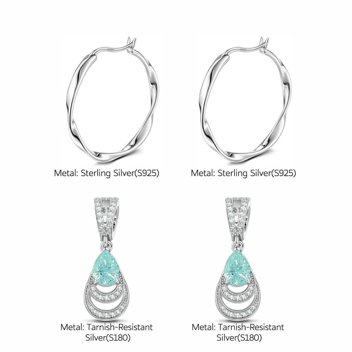 Sterling Silver Earrings with Mermaid's Tear Tarnish-resistant Silver Charms Earrings Set In White Gold Plated